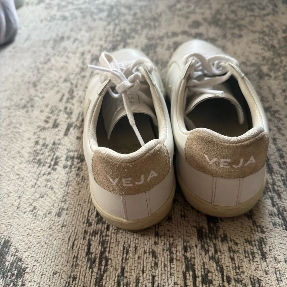 Veja White Leather Sneakers with Beige V Accent - Picture 3 of 4